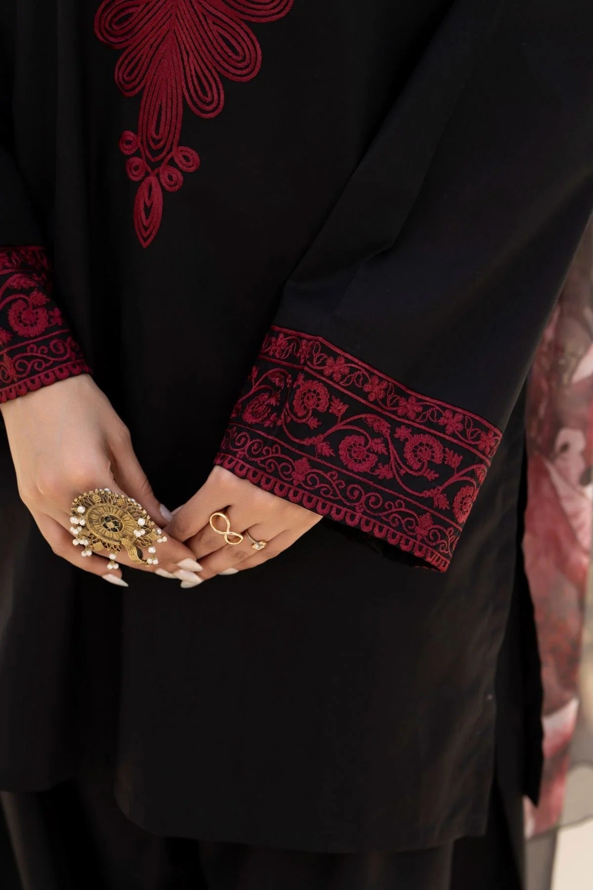 FF-394 Embroidered Black linen Three Piece Dress