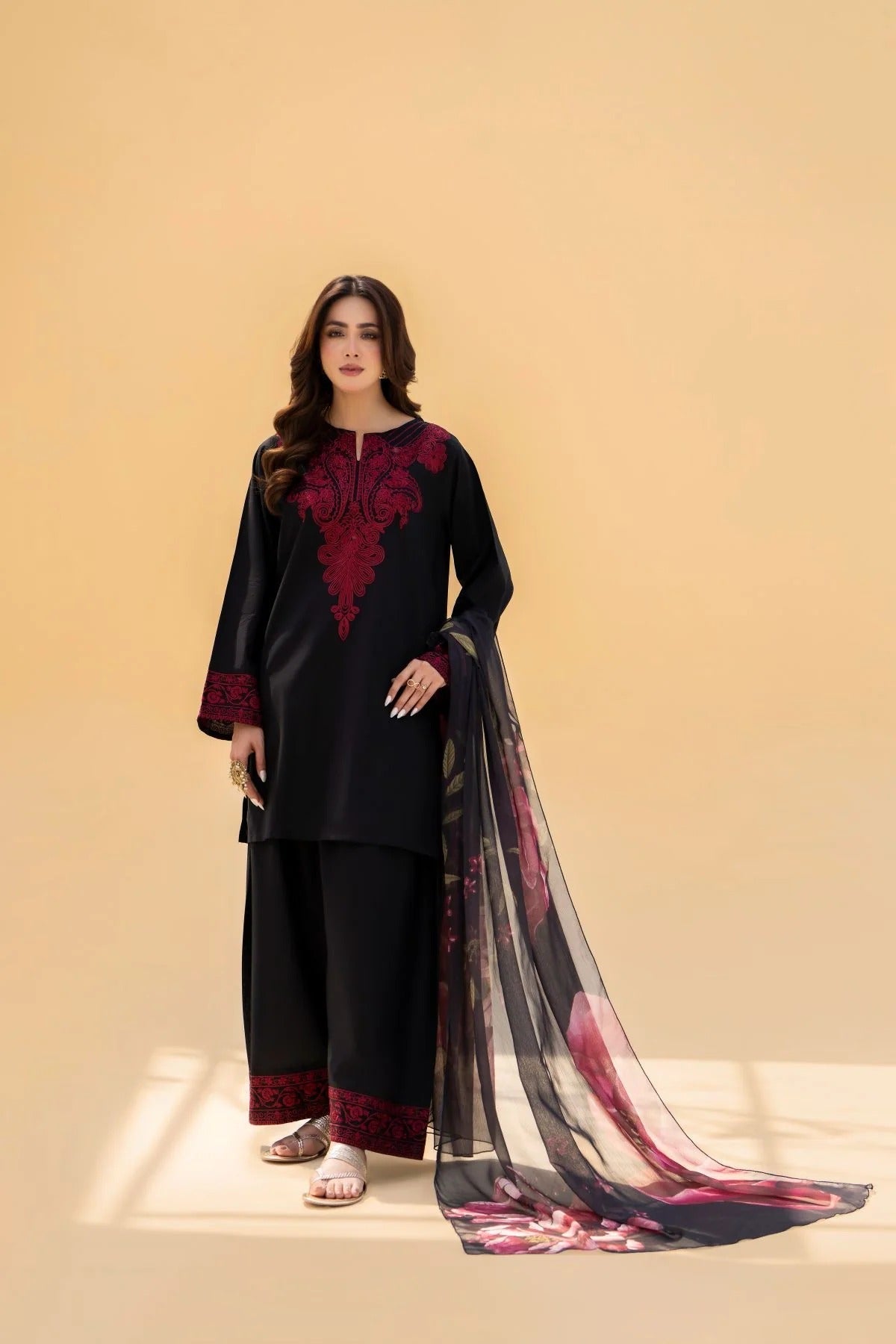 FF-394 Embroidered Black linen Three Piece Dress