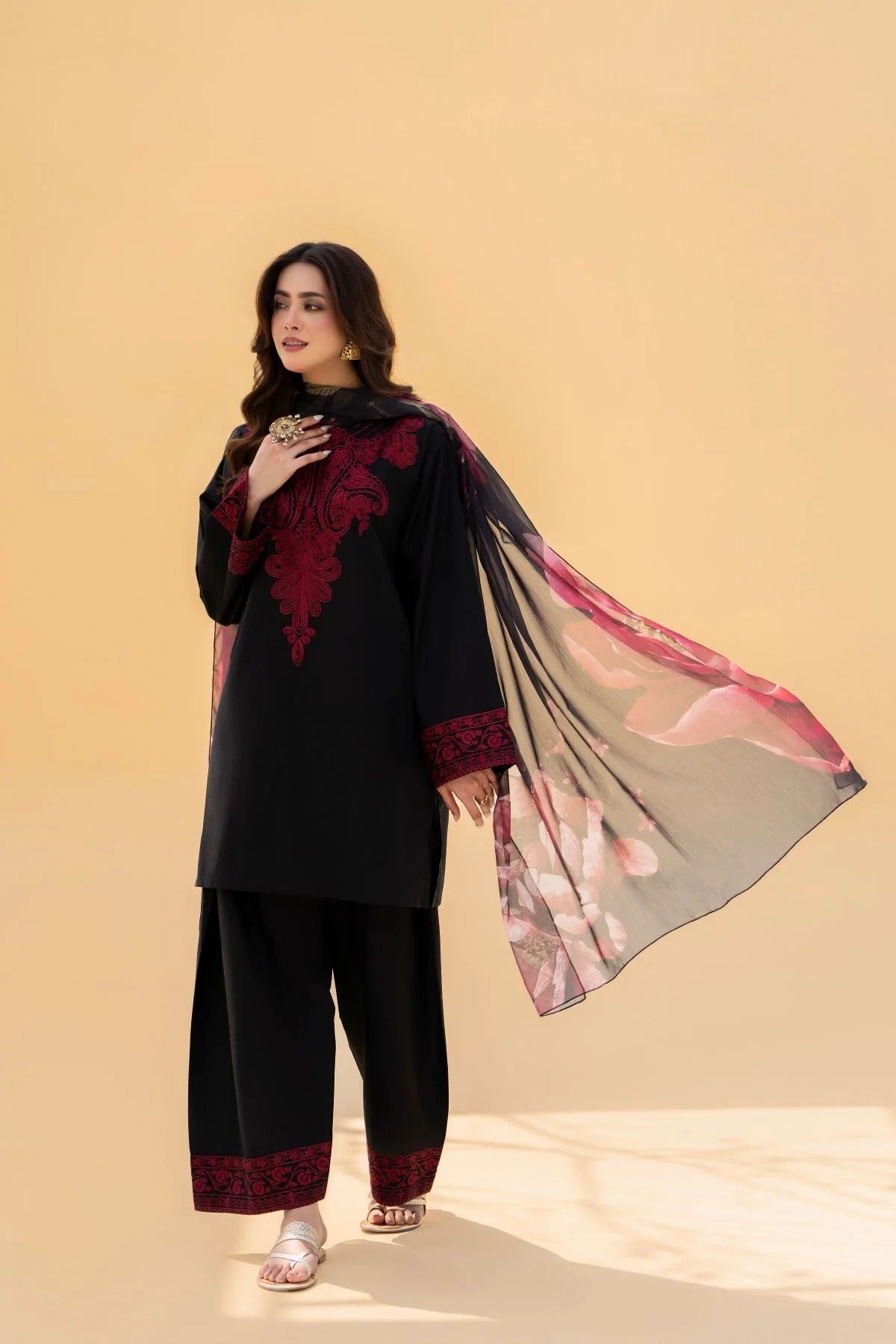 FF-394 Embroidered Black linen Three Piece Dress