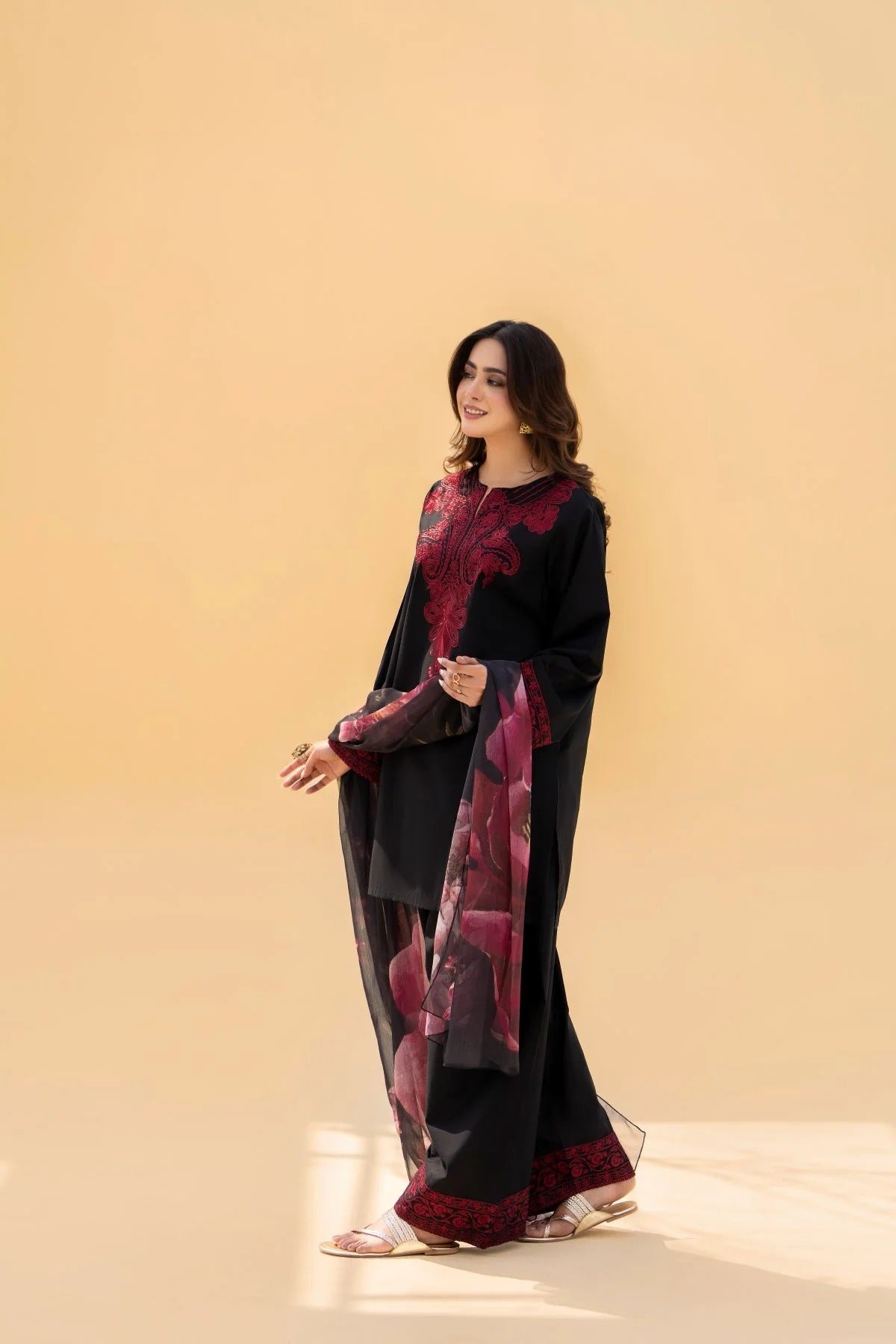 FF-394 Embroidered Black linen Three Piece Dress