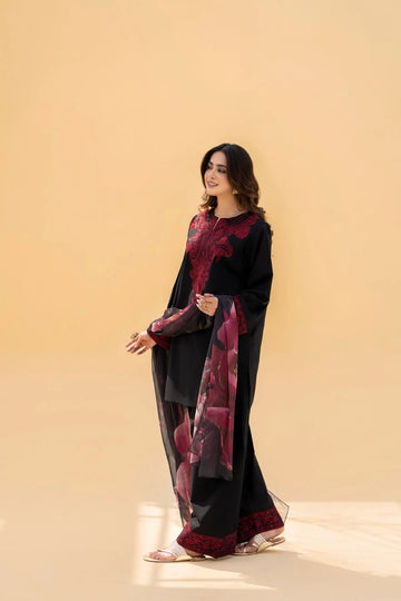 FF-394 Embroidered Black linen Three Piece Dress