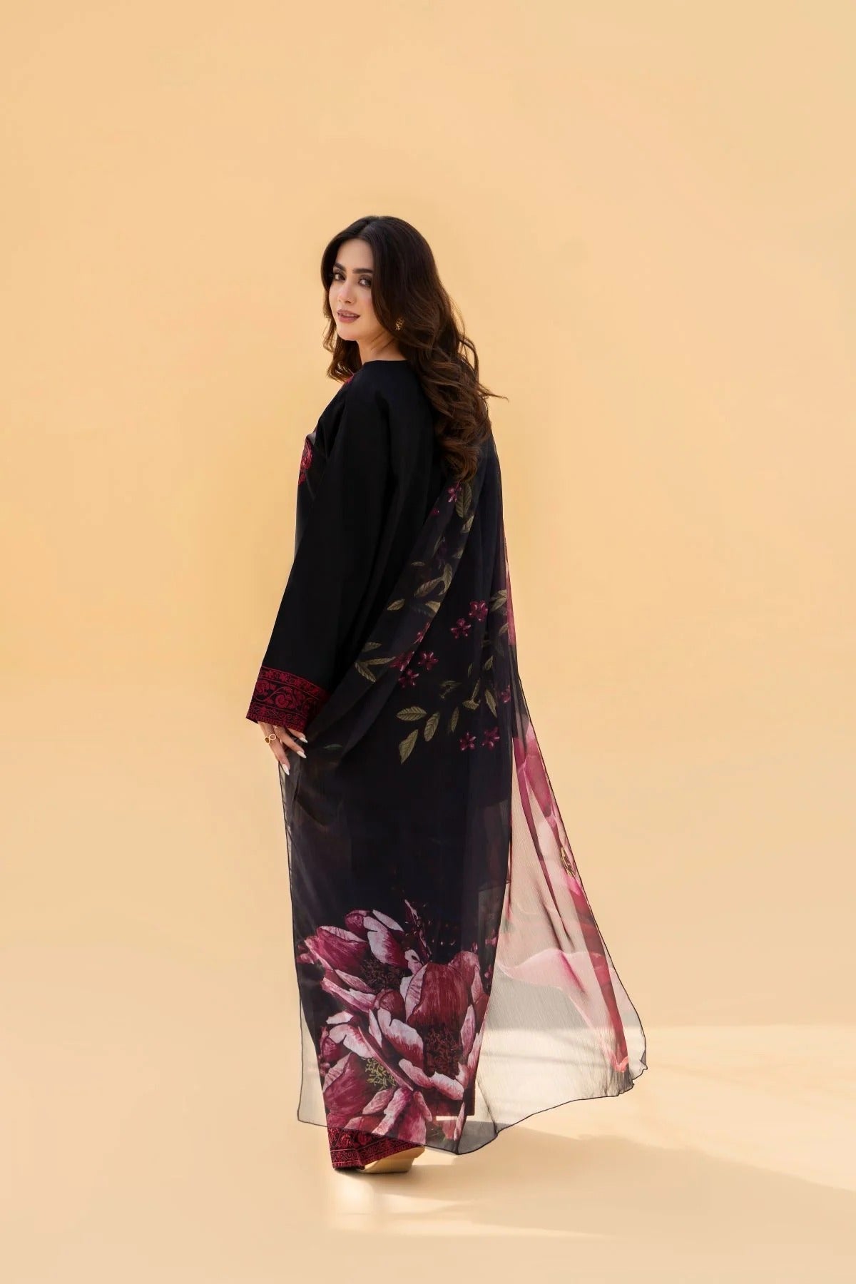 FF-394 Embroidered Black linen Three Piece Dress