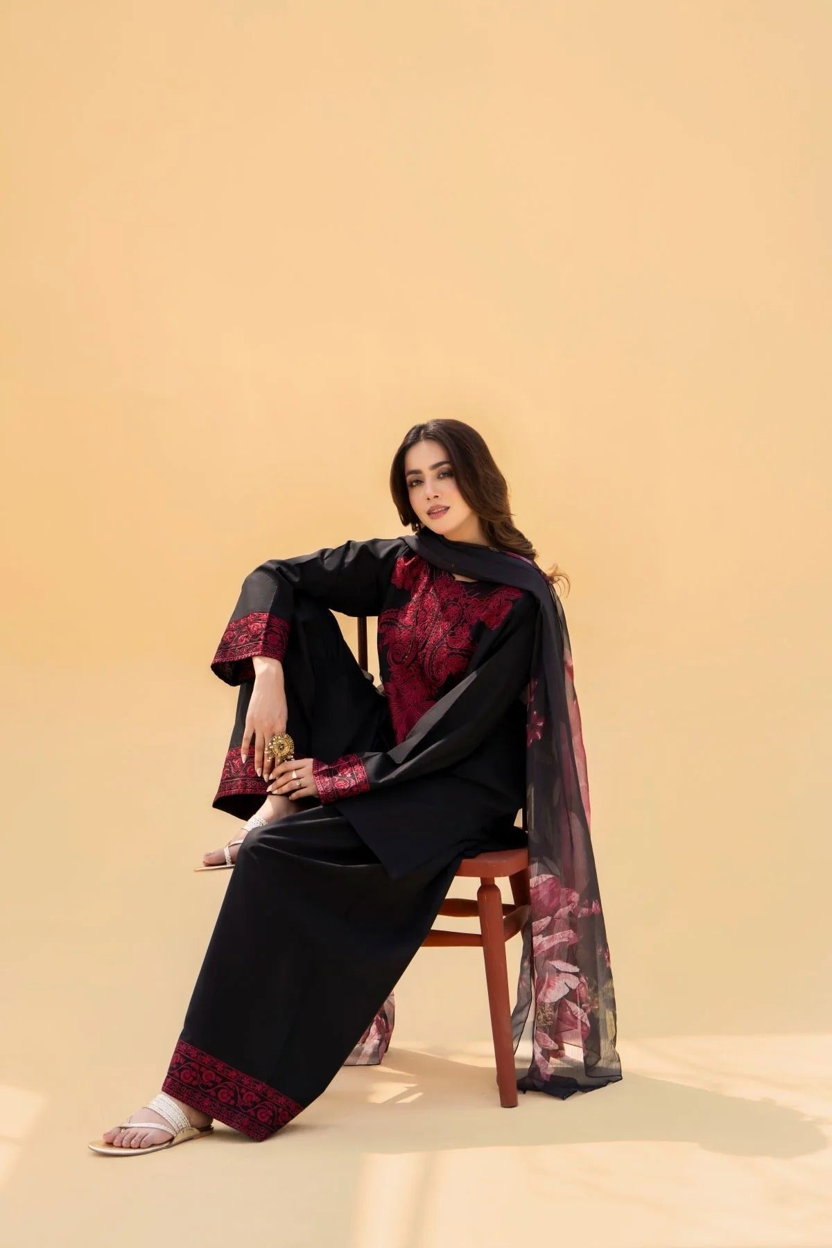 FF-394 Embroidered Black linen Three Piece Dress